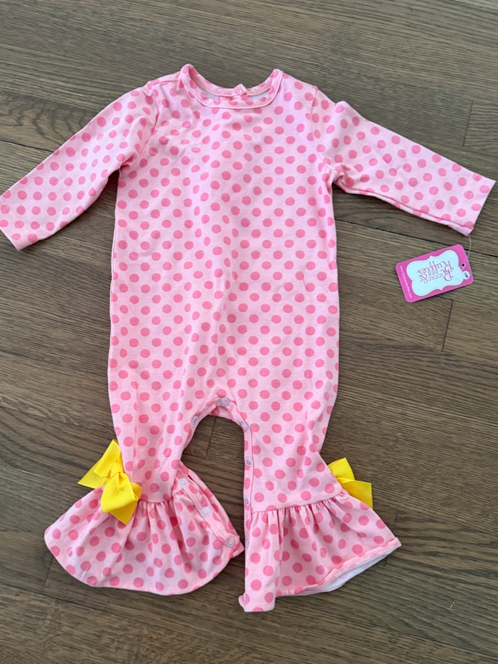 Pink Polka-Dot Ruffle One-Piece Bodysuit with Yellow Bow Accents